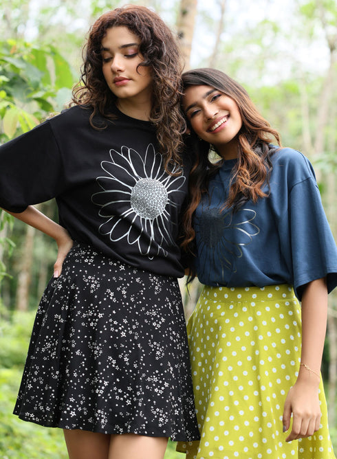 Metallic Flower Printed Navy Blue T-shirt